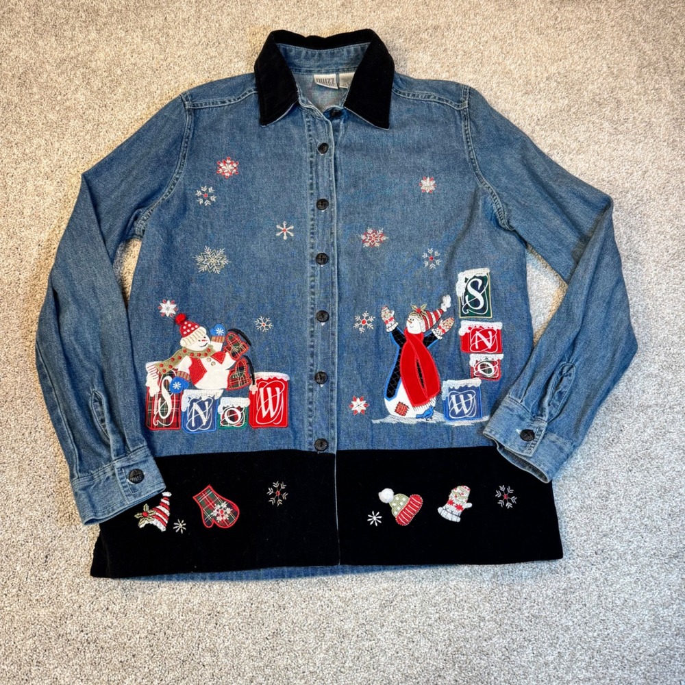 Quizz Again Womens Small Denim Snowman Embroidered Shirt Velvet Trim Holiday